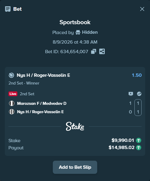 Bet slip: Marozsan F / Medvedev D - Nys H / Roger-Vasselin E, $10,000.00 stake at 1.50 odds, placed by vavrinka27