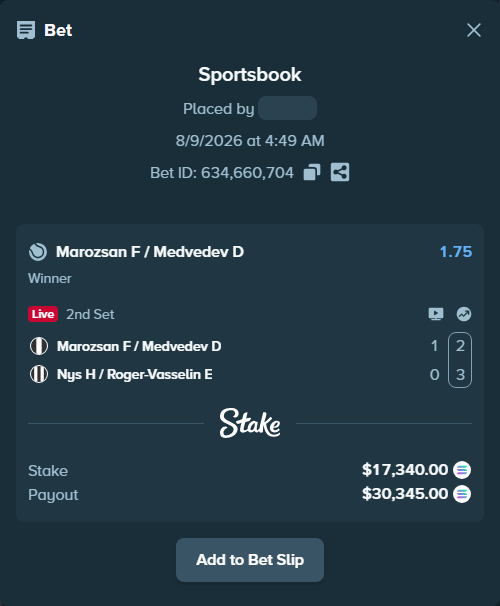 Bet slip: Marozsan F / Medvedev D - Nys H / Roger-Vasselin E, $17,355.15 stake at 1.75 odds, placed by HOPLAND4