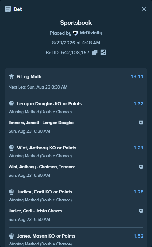 Bet slip: Marquel Mederos - Jones, Mason, $15,259.00 stake at 1.52 odds, placed by MrDivinity