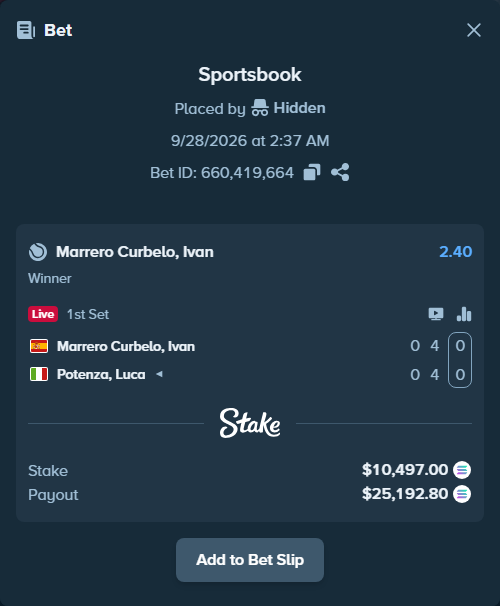 Bet slip: Marrero Curbelo, Ivan - Potenza, Luca, $10,517.87 stake at 2.40 odds, placed by Hidden