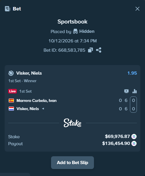 Bet slip: Marrero Curbelo, Ivan - Visker, Niels, $69,948.85 stake at 1.95 odds, placed by Prettylfacko98