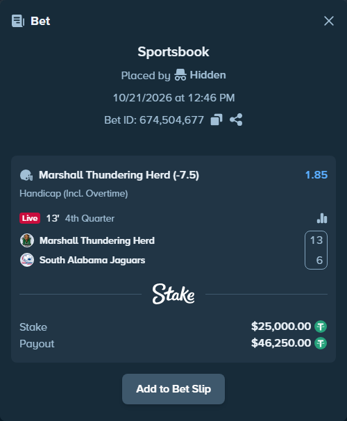 Bet slip: Marshall Herd - South Alabama Jaguars, $25,025.00 stake at 1.85 odds, placed by Hidden