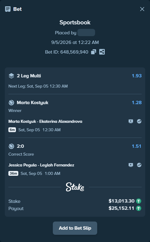 Bet slip: Marta Kostyuk - Ekaterina Alexandrova, $13,012.00 stake at 1.28 odds, placed by Nt95