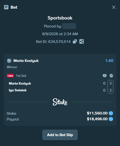 Bet slip: Marta Kostyuk - Iga Swiatek, $11,560.00 stake at 1.60 odds, placed by Fekah4