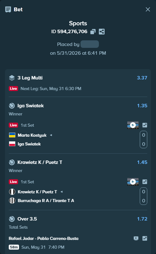 Bet slip: Marta Kostyuk - Iga Swiatek, $14,014.00 stake at 1.35 odds, placed by NicoleCoal