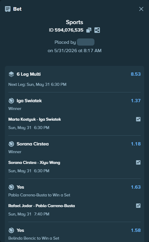 Bet slip: Marta Kostyuk - Iga Swiatek, $15,346.49 stake at 1.37 odds, placed by Regenergy