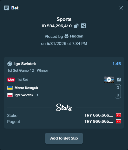 Bet slip: Marta Kostyuk - Iga Swiatek, $19,999.98 stake at 1.45 odds, placed by Hidden