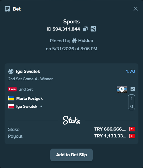 Bet slip: Marta Kostyuk - Iga Swiatek, $19,999.98 stake at 1.70 odds, placed by Hidden
