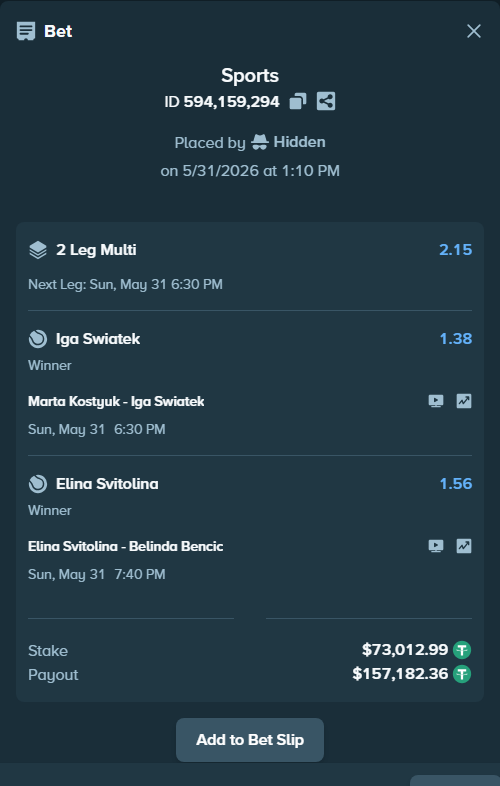 Bet slip: Marta Kostyuk - Iga Swiatek, $73,086.00 stake at 1.38 odds, placed by Hidden