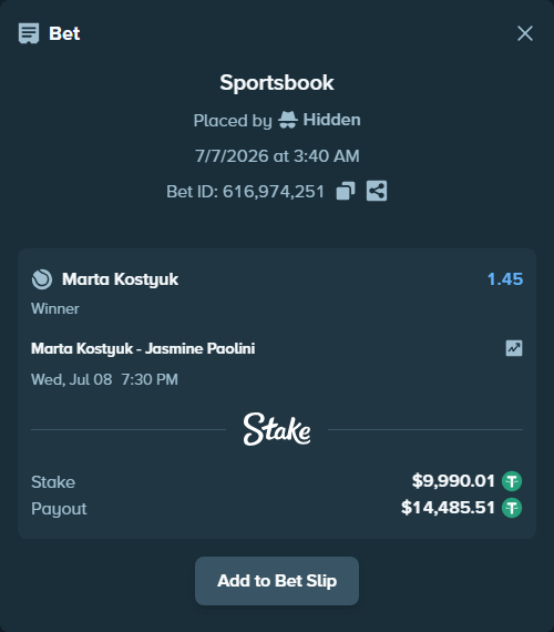 Bet slip: Marta Kostyuk - Jasmine Paolini, $10,000.00 stake at 1.45 odds, placed by Hidden