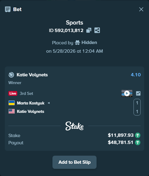 Bet slip: Marta Kostyuk - Katie Volynets, $11,921.72 stake at 4.10 odds, placed by Hidden
