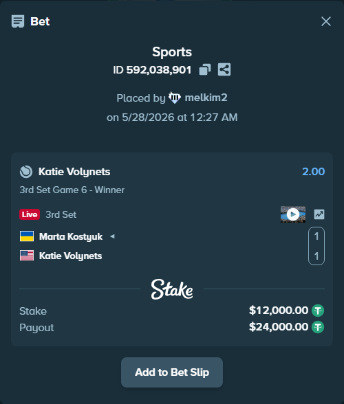 Bet slip: Marta Kostyuk - Katie Volynets, $12,012.00 stake at 2.00 odds, placed by melkim2
