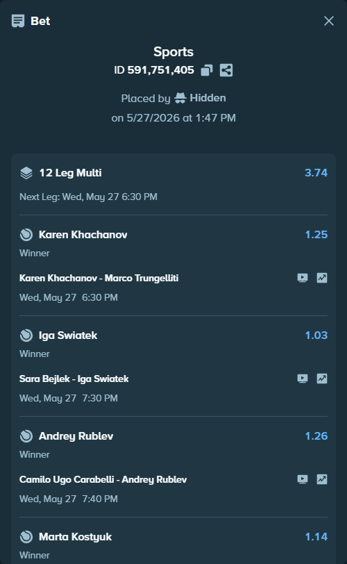 Bet slip: Marta Kostyuk - Katie Volynets, $134,508.03 stake at 1.14 odds, placed by Hidden