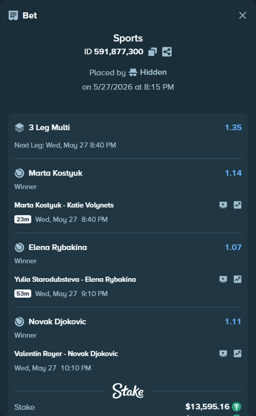 Bet slip: Marta Kostyuk - Katie Volynets, $13,608.75 stake at 1.14 odds, placed by Hidden