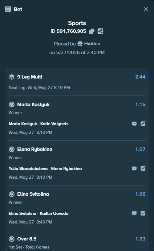 Bet slip: Marta Kostyuk - Katie Volynets, $15,625.17 stake at 1.15 odds, placed by Hidden