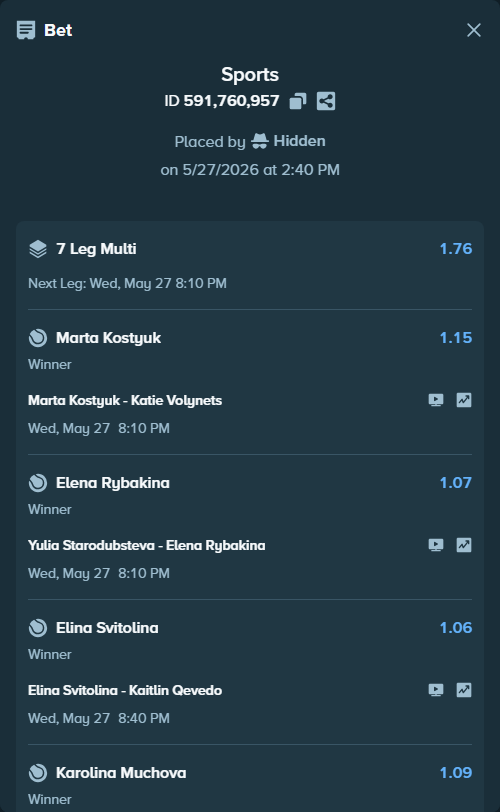 Bet slip: Marta Kostyuk - Katie Volynets, $19,598.42 stake at 1.15 odds, placed by Hidden