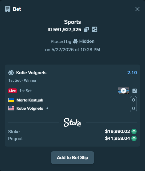 Bet slip: Marta Kostyuk - Katie Volynets, $20,000.00 stake at 2.10 odds, placed by Hidden