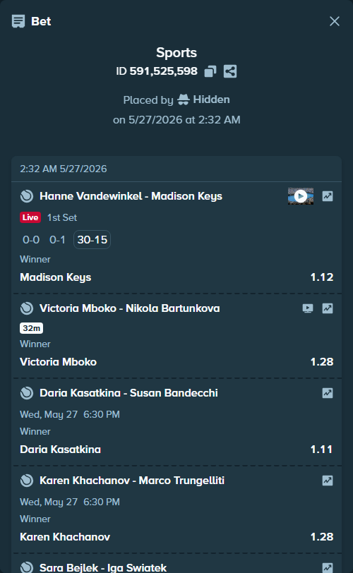 Bet slip: Marta Kostyuk - Katie Volynets, $43,581.16 stake at 1.14 odds, placed by Hidden