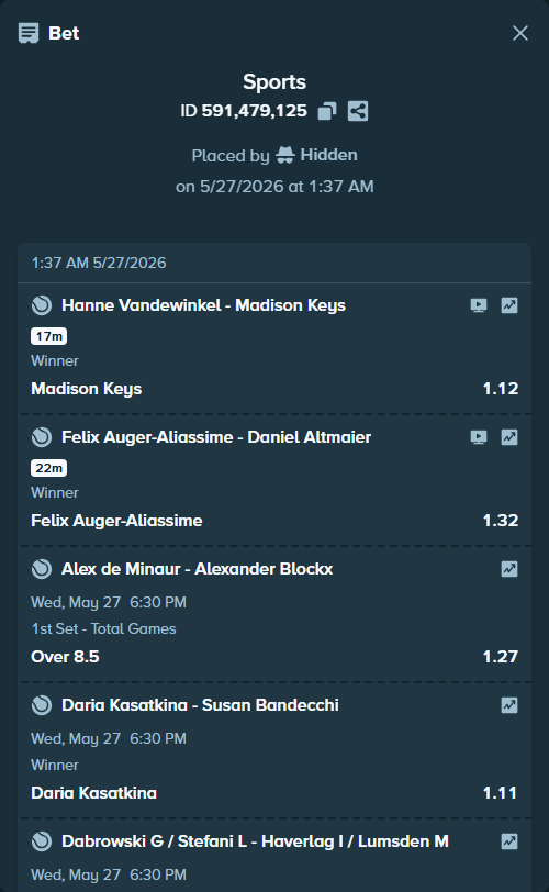 Bet slip: Marta Kostyuk - Katie Volynets, $47,988.54 stake at 1.14 odds, placed by Hidden