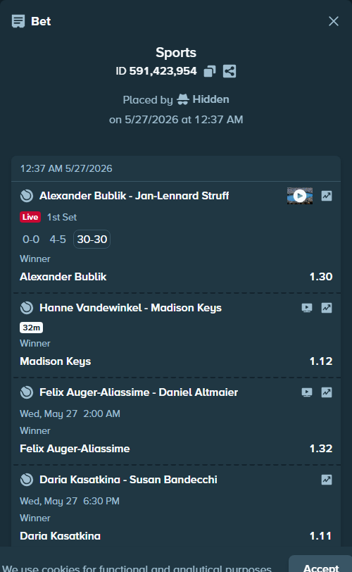 Bet slip: Marta Kostyuk - Katie Volynets, $80,067.13 stake at 1.14 odds, placed by Hidden