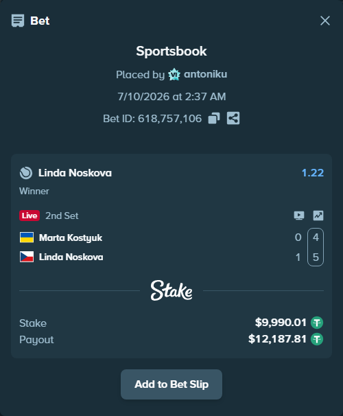 Bet slip: Marta Kostyuk - Linda Noskova, $10,000.00 stake at 1.22 odds, placed by antoniku