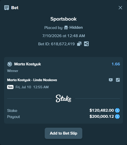 Bet slip: Marta Kostyuk - Linda Noskova, $120,482.00 stake at 1.66 odds, placed by Hidden
