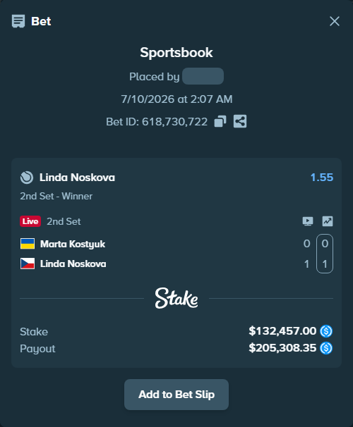 Bet slip: Marta Kostyuk - Linda Noskova, $132,457.00 stake at 1.55 odds, placed by piropiro12