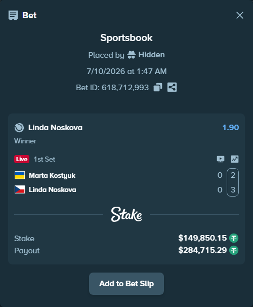 Bet slip: Marta Kostyuk - Linda Noskova, $150,000.00 stake at 1.90 odds, placed by Hidden