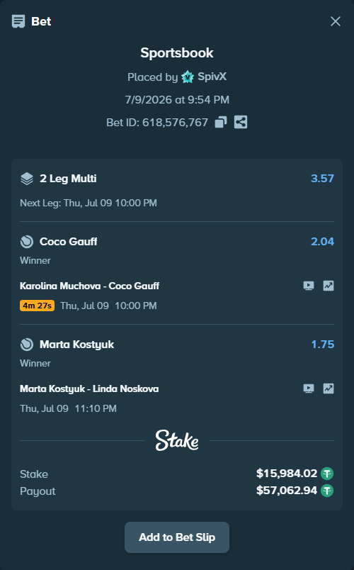 Bet slip: Marta Kostyuk - Linda Noskova, $16,000.00 stake at 1.75 odds, placed by SpivX