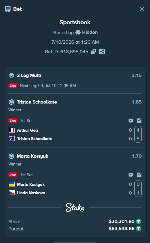 Bet slip: Marta Kostyuk - Linda Noskova, $20,222.00 stake at 1.70 odds, placed by Hidden