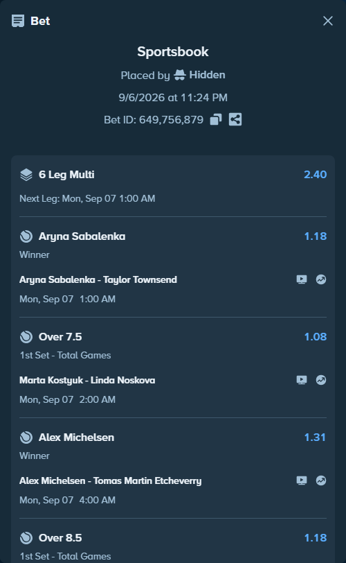 Bet slip: Marta Kostyuk - Linda Noskova, $41,454.59 stake at 1.08 odds, placed by Hidden