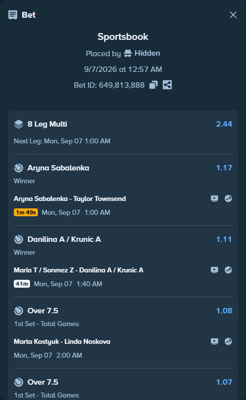 Bet slip: Marta Kostyuk - Linda Noskova, $75,000.00 stake at 1.08 odds, placed by Hidden