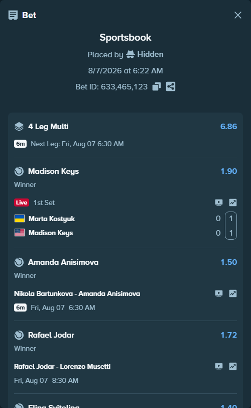 Bet slip: Marta Kostyuk - Madison Keys, $12,481.86 stake at 1.90 odds, placed by Hidden