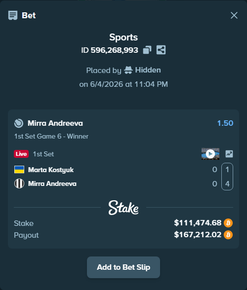 Bet slip: Marta Kostyuk - Mirra Andreeva, $113,519.56 stake at 1.50 odds, placed by Hidden