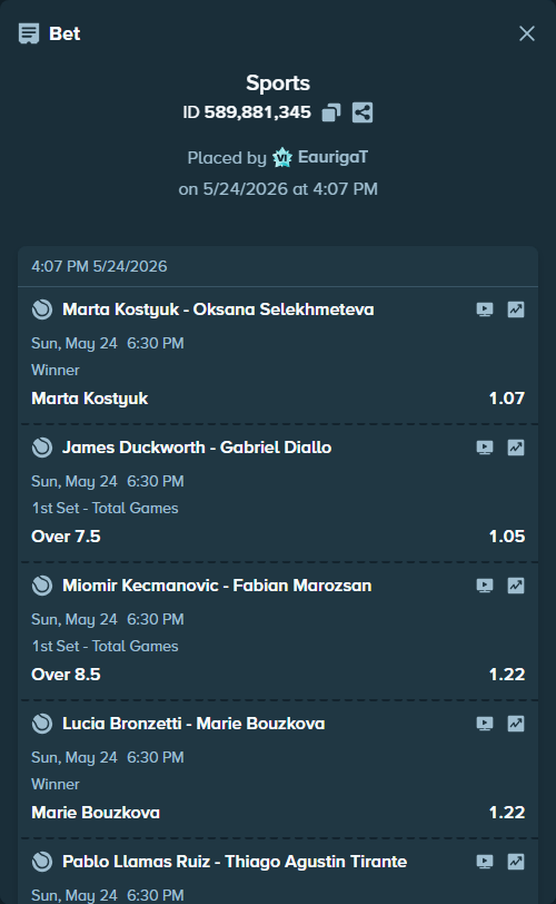 Bet slip: Marta Kostyuk - Oksana Selekhmeteva, $29,265.26 stake at 1.07 odds, placed by EaurigaT