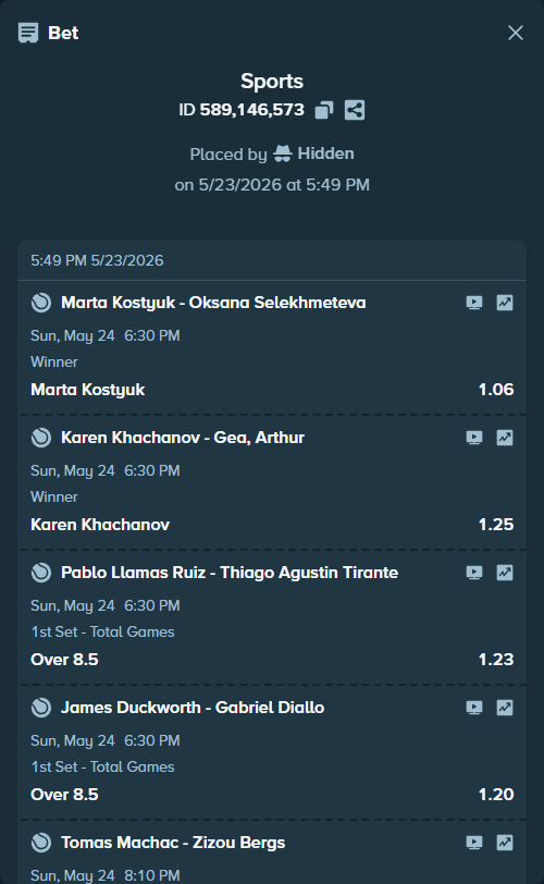 Bet slip: Marta Kostyuk - Oksana Selekhmeteva, $36,746.77 stake at 1.06 odds, placed by Hidden