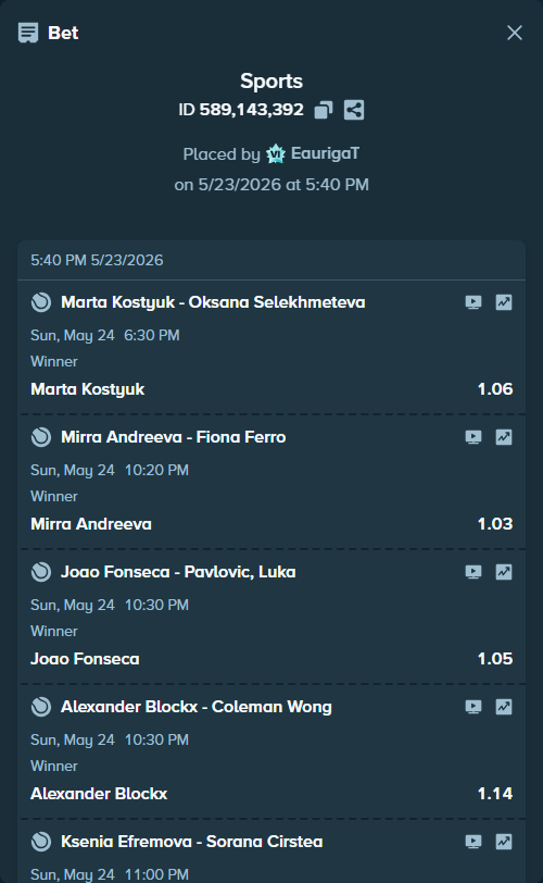 Bet slip: Marta Kostyuk - Oksana Selekhmeteva, $58,164.16 stake at 1.06 odds, placed by EaurigaT