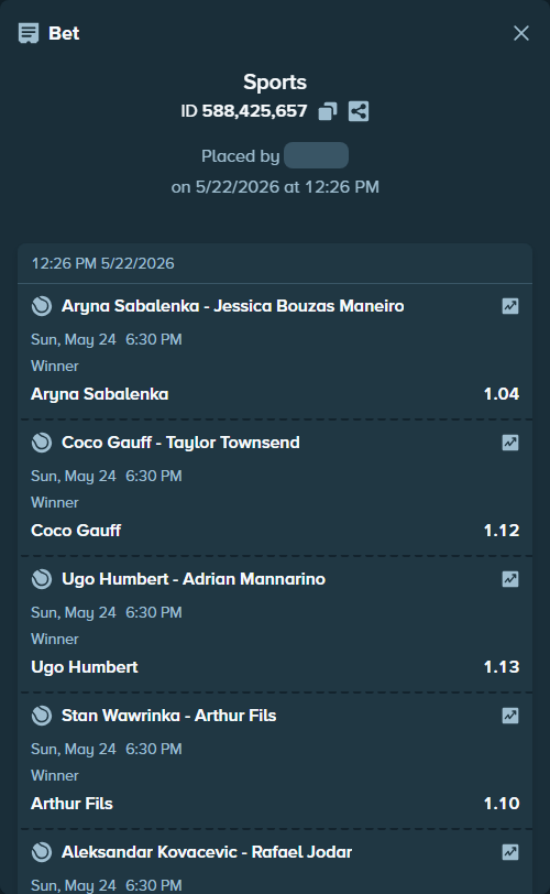 Bet slip: Marta Kostyuk - Oksana Selekhmeteva, $66,949.10 stake at 1.07 odds, placed by Azuulu