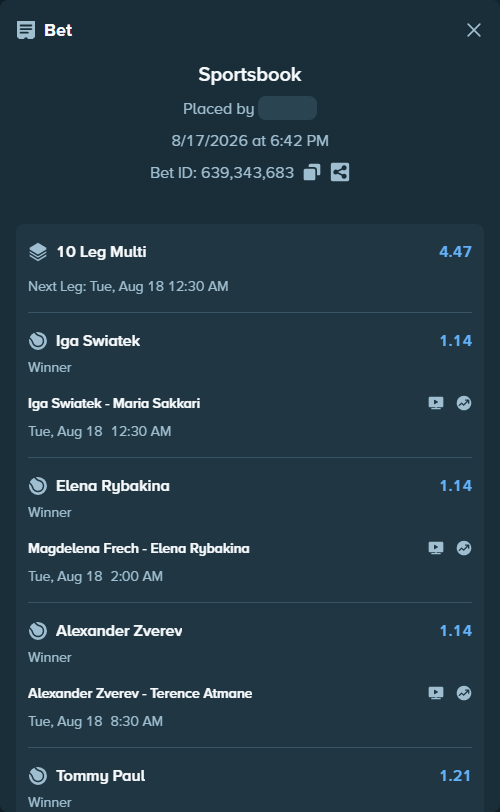 Bet slip: Marta Kostyuk - Sloane Stephens, $125,000.00 stake at 1.15 odds, placed by OplatekRafal
