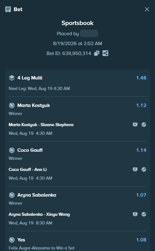 Bet slip: Marta Kostyuk - Sloane Stephens, $15,000.00 stake at 1.12 odds, placed by Femi2631