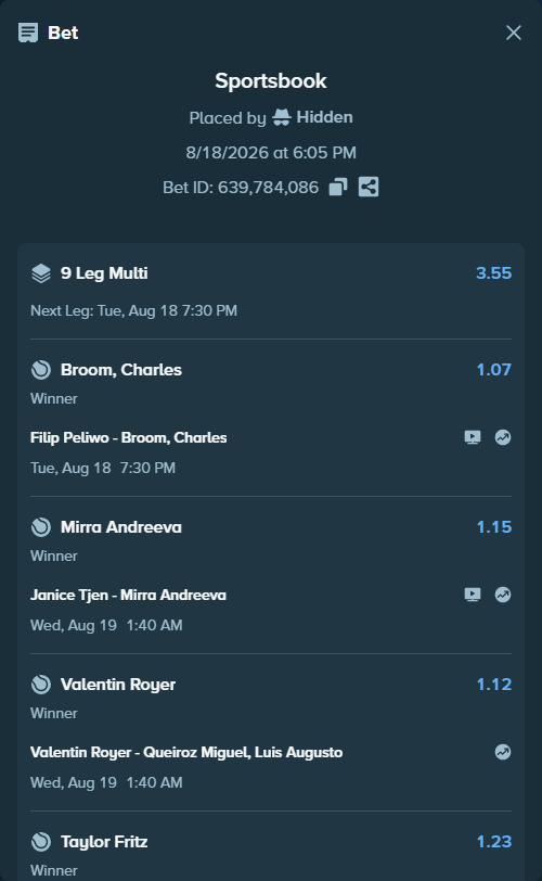 Bet slip: Marta Kostyuk - Sloane Stephens, $175,175.00 stake at 1.11 odds, placed by Hidden