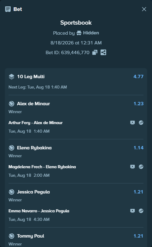Bet slip: Marta Kostyuk - Sloane Stephens, $75,075.00 stake at 1.13 odds, placed by Hidden