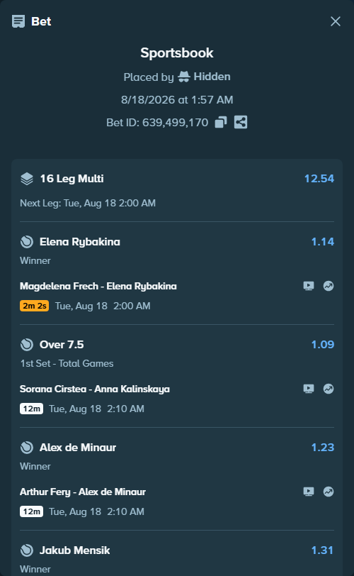 Bet slip: Marta Kostyuk - Sloane Stephens, $75,075.00 stake at 1.13 odds, placed by Hidden