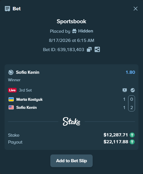 Bet slip: Marta Kostyuk - Sofia Kenin, $12,300.00 stake at 1.80 odds, placed by Hidden