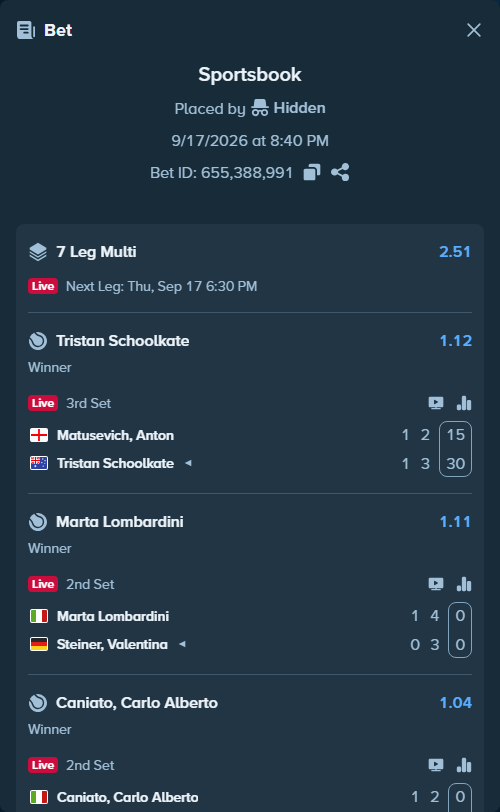 Bet slip: Marta Lombardini - Steiner, Valentina, $11,011.00 stake at 1.11 odds, placed by Hidden
