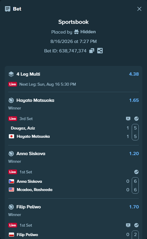 Bet slip: Marti Pujolras, Alex - Neuchrist, Maximilian, $10,000.00 stake at 1.30 odds, placed by Hidden