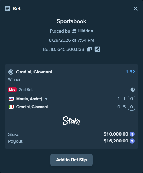 Bet slip: Martin, Andrej - Oradini, Giovanni, $10,013.48 stake at 1.62 odds, placed by Hidden