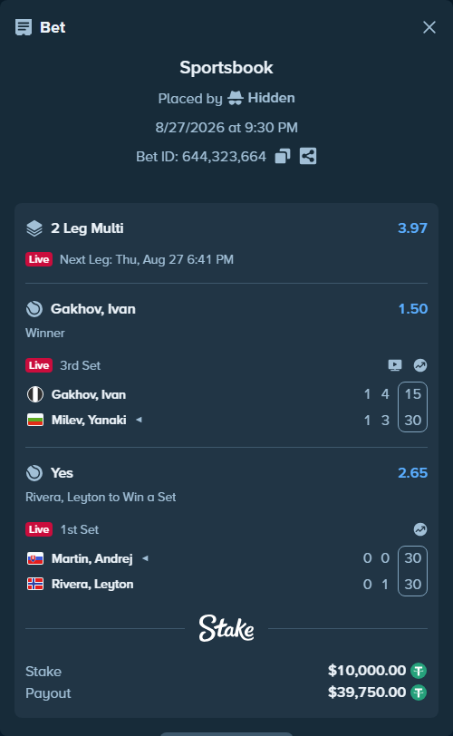 Bet slip: Martin, Andrej - Rivera, Leyton, $10,000.00 stake at 2.65 odds, placed by Hidden
