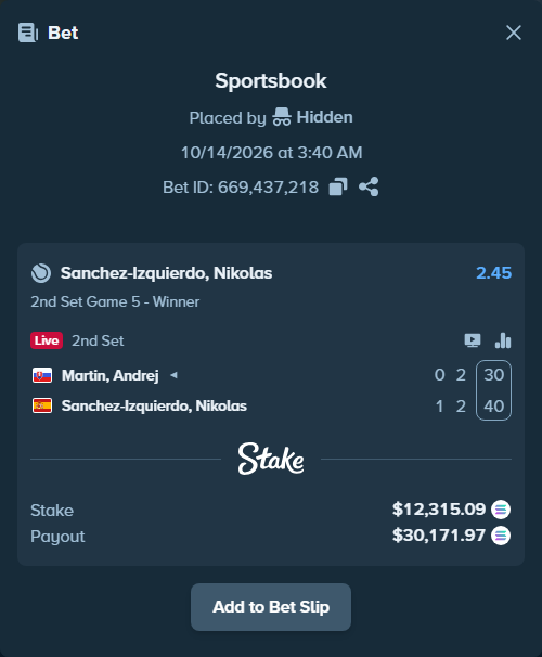 Bet slip: Martin, Andrej - Sanchez Izquierdo, Nikolas, $12,321.71 stake at 2.45 odds, placed by Prettylfacko98