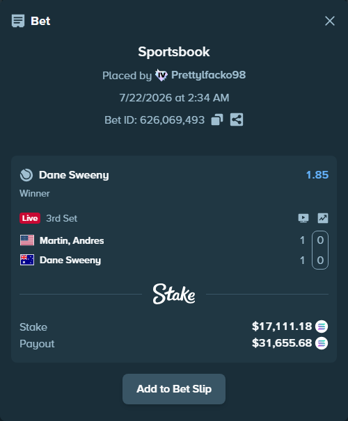 Bet slip: Martin, Andres - Dane Sweeny, $15,916.41 stake at 1.85 odds, placed by Prettylfacko98